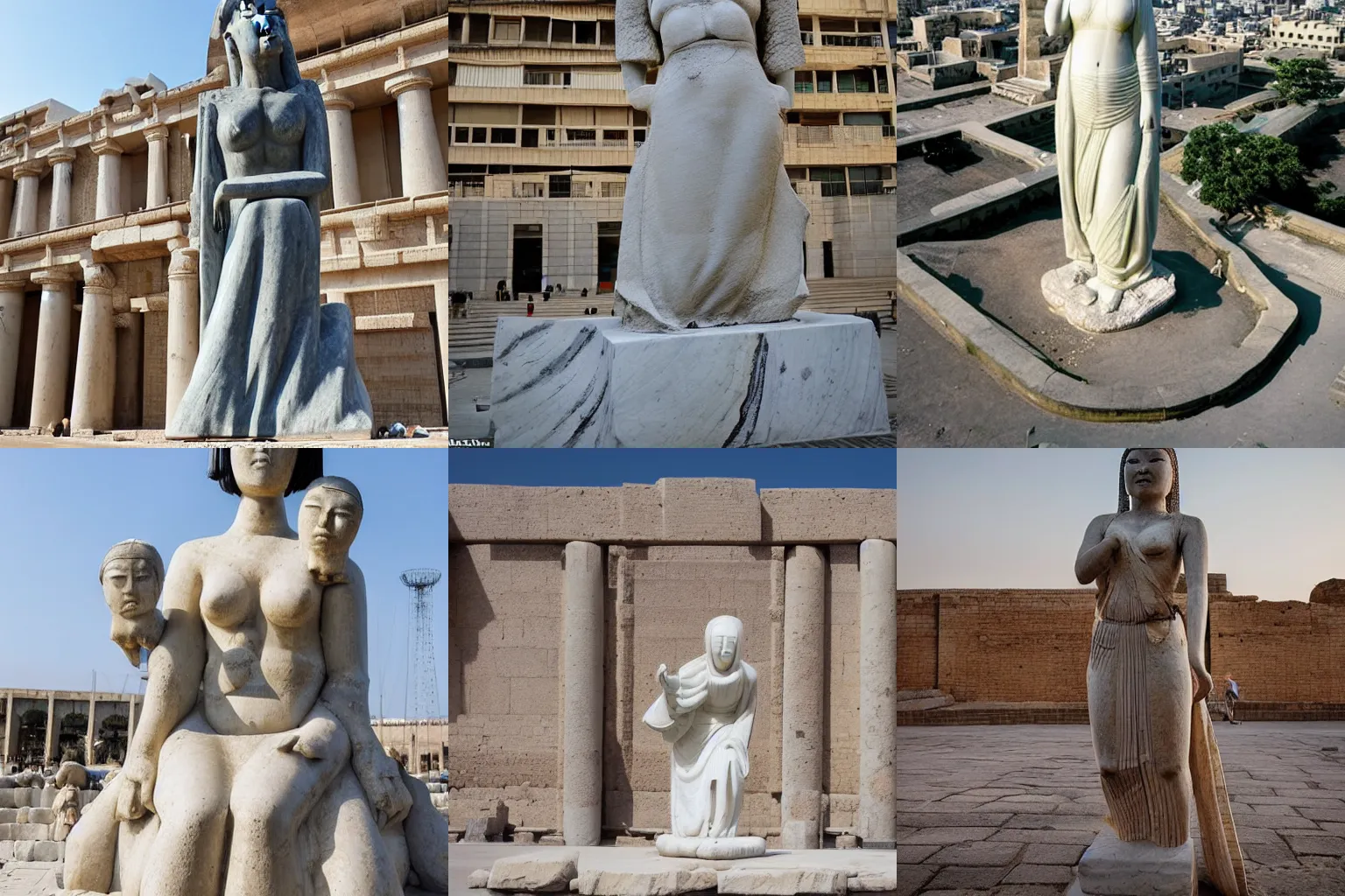 Prompt: a giant marble statue of a japanese woman in the center of a large square in an ancient mesopotamia city, award winning photo