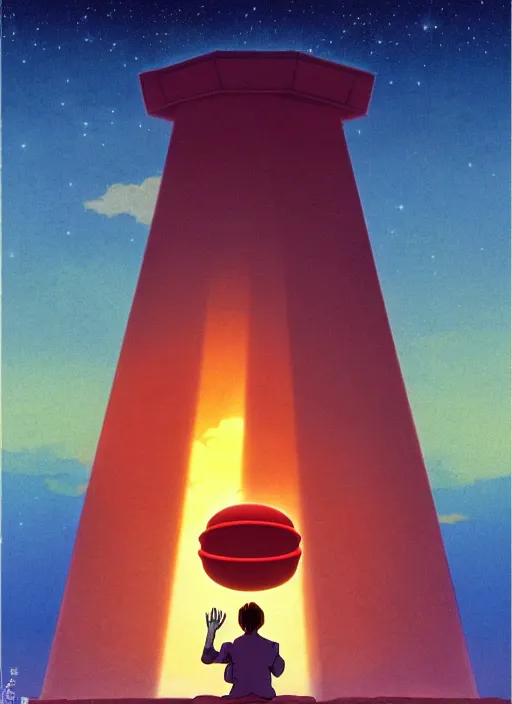 Image similar to a realistic cell - shaded studio ghibli concept art from paprika ( 2 0 0 6 ) of a floating cube from close encounters of the third kind ( 1 9 7 7 ) and a monk meditating on top of a pillar on a misty starry night. very dull colors, hd, 4 k, hq