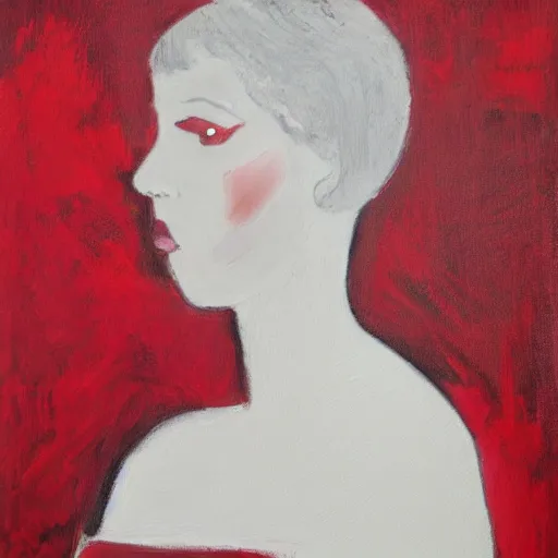 Image similar to portrait of a woman wearing white and red, by leslie thrasher