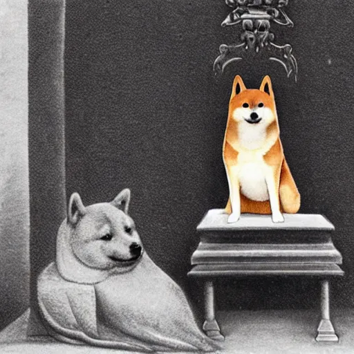 Prompt: a shiba inu sitting on a medieval throne