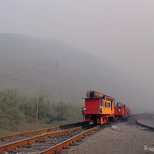 Image similar to industrial mine, pollution, haze, baotou china, steam train,