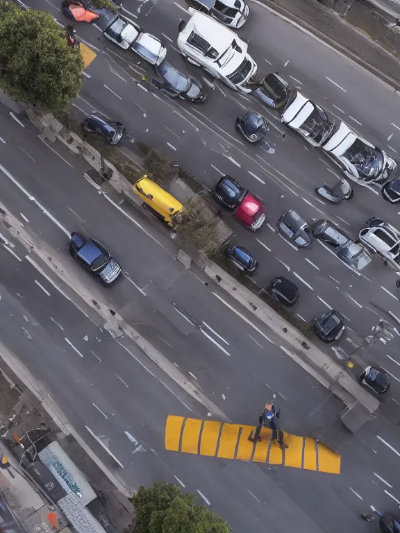 Image similar to traffic blocked by a giant boot. a giant foot stepping down onto the street and blocking cars. drone footage, award - winning photography, photojournalism