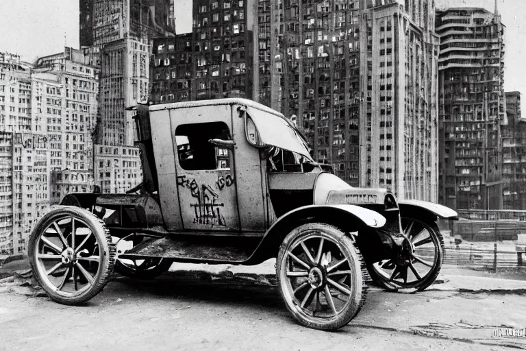 Prompt: cyberpunk 1 9 0 8 model ford t by paul lehr, metropolis, parked by view over city, vintage film photo, robotic, silent movie, black and white photo