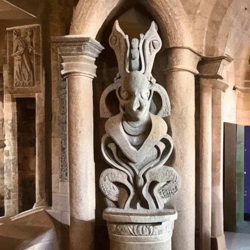 Image similar to ancient Irish, photo of stone carved statue of a dinosaur, romanesque style, in a museum room