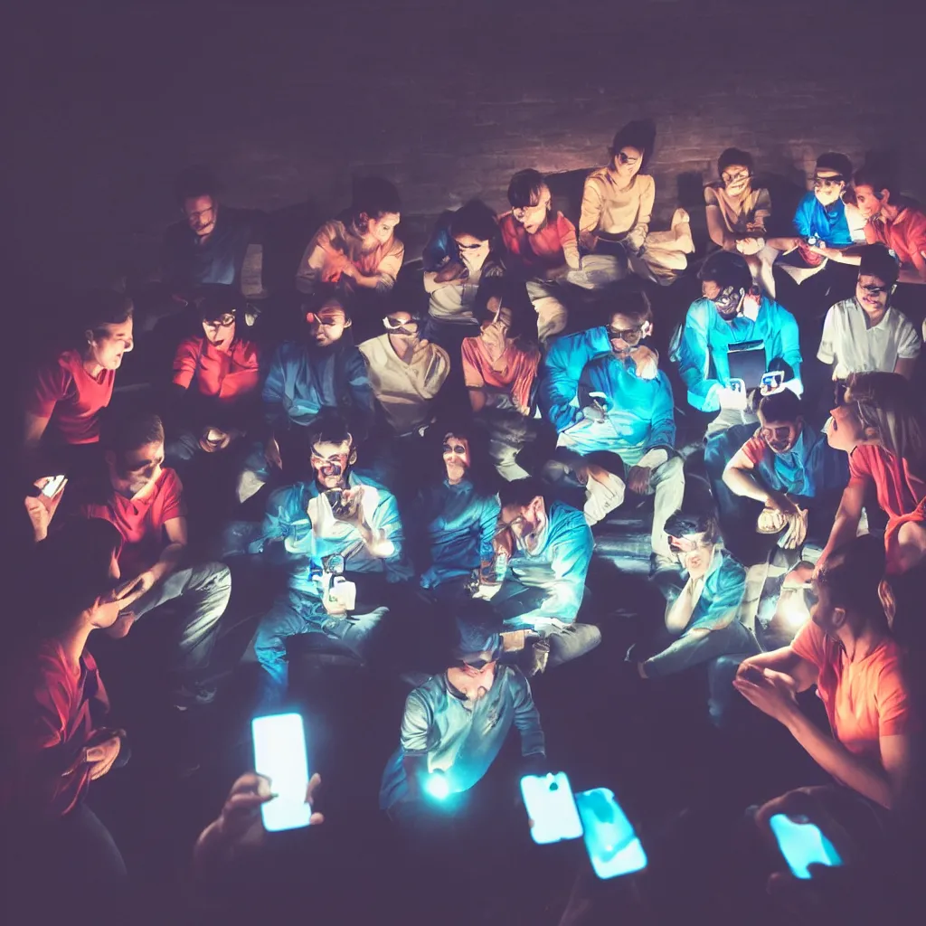 Prompt: group of people in a dark room, illuminated by the different color of screen of their smartphones. calm social setting. partecipating in a social game. talking, listening. picture taken with a gopro, gopro camera, 4K, highly detailed, vibrant colors, contrasting