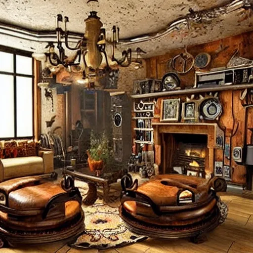 Prompt: steampunk living room, interior design, steam
