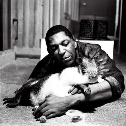 Prompt: john coltrane snuggling a giant rat