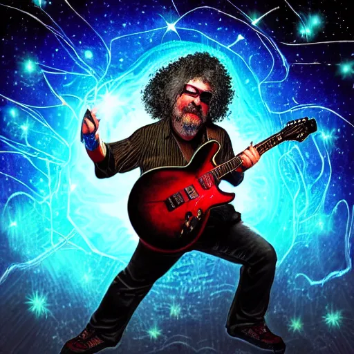 Image similar to a Jerry Garcia guitarist playing so intensely there is electricity shooting out from his guitar, energy beams under his finger tips, and magic sparkles from the freboard, amazing ditial art, trending on artstation, featured on deviantart