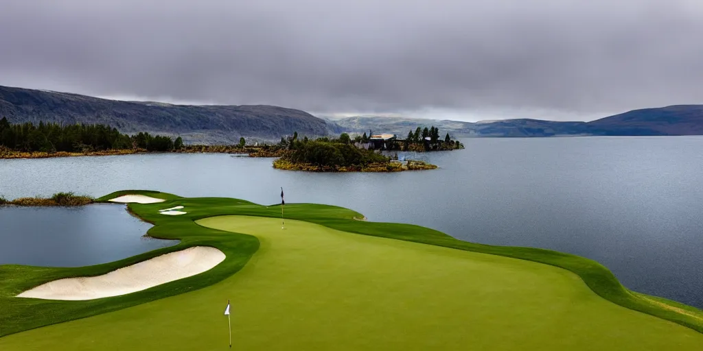 Image similar to a great photograph of the most amazing golf hole in the world completely surrounded by water, calm water, perfect light, loch ness monster, ambient light, miniature, tilt shift lens, golf digest, top 1 0 0, fog