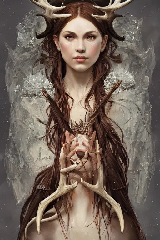 Prompt: ultra realistic illustration, a stunningly beautiful shaman girl with antlers and bone fragments, intricate, elegant, highly detailed, digital painting, artstation, concept art, smooth, sharp focus, illustration, art by artgerm and greg rutkowski and alphonse mucha