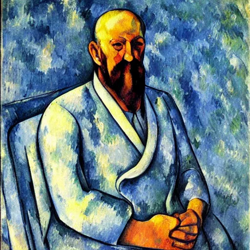 Prompt: Portrait of a giant man who can be seen from space, oil on canvas, Paul Cezanne, art