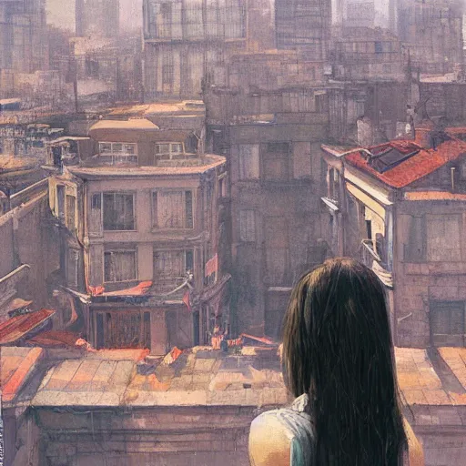 Image similar to woman, city, looking down, street top view, by wlop, artgerm, greg rutkowski