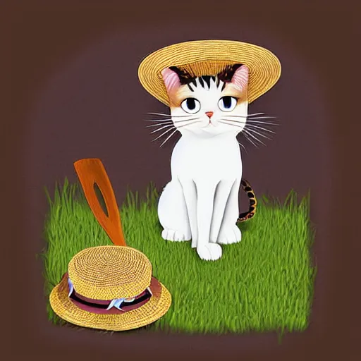 Image similar to cute cat with a straw hat and a pitchfork digital art