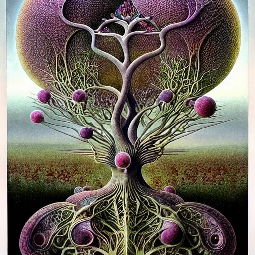 Prompt: sacred mulberry tree by roger dean and andrew ferez, art forms of nature by ernst haeckel, divine chaos engine, symbolist, visionary, art nouveau, botanical fractal structures, organic, detailed, realistic, surreality