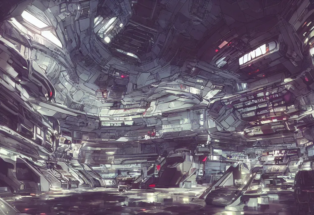 Image similar to large spaceship interior, cyberpunk, anime