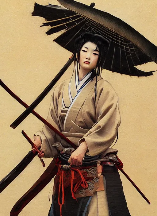 Image similar to a japanese oil painting of a beautiful samurai woman posing with a samurai sword, very aesthetic, detailed face, in the style of, greg rutkowski, boris vallejo, neal hanson, frank frazetta, goddess of war, epic fantasy character art, samurai armor, high fantasy, full length, exquisite detail low angle, masterpiece, cinematic