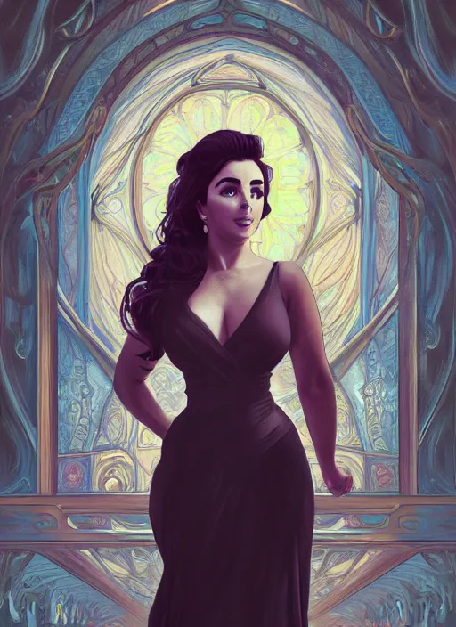 Image similar to elizabeth taylor full body pose, detailed clothing, half body shot, arms down, path traced, highly detailed, high quality, digital painting, alena aenami,, lilia alvarado, shinji aramaki, karol bak, alphonse mucha, tom bagshaw on a black background