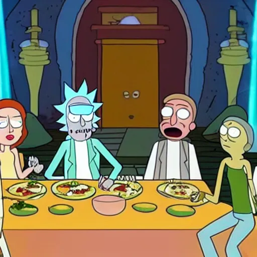 Image similar to rick and morty tv show characters in the last supper