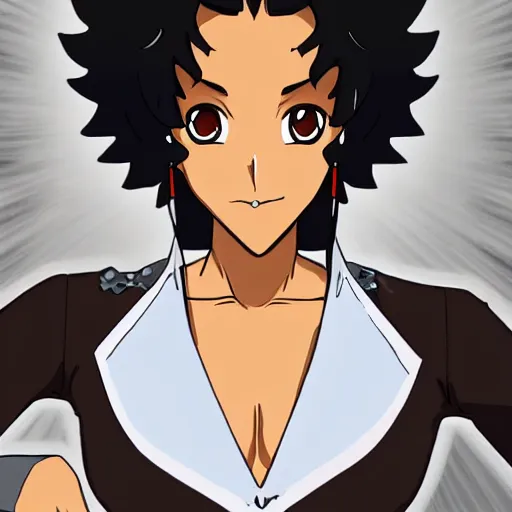 Image similar to A brown skinned woman with black curly hair as an anime character from cowboy bebop