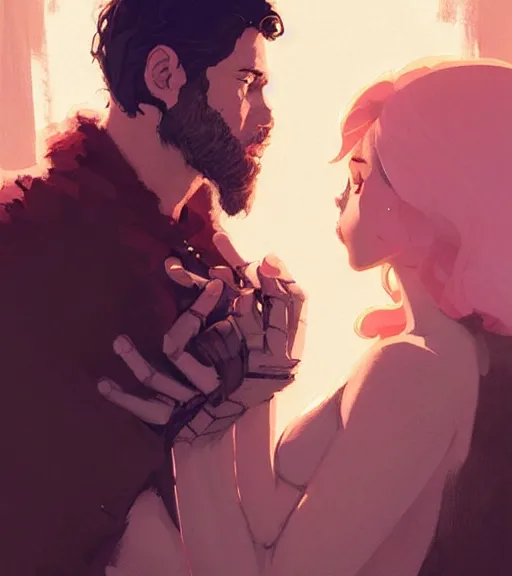 Image similar to portrait of jon kissing dany by atey ghailan, by greg rutkowski, by greg tocchini, by james gilleard, by joe fenton, by kaethe butcher, dynamic lighting, gradient light pink, brown, blonde cream and white color scheme, grunge aesthetic