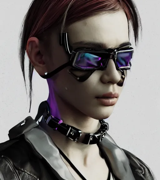 Image similar to detailed realistic female character cyberpunk wearing thick steel collar around neck, realistic, art, beautiful, 4K, collar, choker, collar around neck, punk, artstation, detailed, female, woman, choker, cyberpunk, neon, punk, collar, choker, collar around neck, thick collar, tight around neck, punk, headshot, detailed,