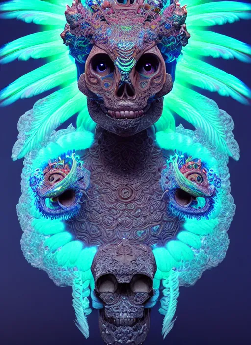 Prompt: 3 d goddess portrait, 8 k micro details global illumiantion beautiful intricate highly detailed quetzalcoatl skull and feathers. bioluminescent, plasma, fire, snow, water, wind, creature, thunderstorm! artwork by tooth wu and wlop and beeple and greg rutkowski, trending on artstation,