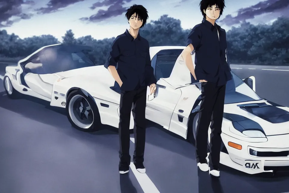 Image similar to aesthetic portrait illustration of ryosuke takahashi with black hair, dark blue shirt and white pants, standing by his white glossy mazda rx 7 on an empty highway at sunrise, cinematic lighting, initial d anime 1 0 8 0 p, 9 0 s anime aesthetic, volumetric lights, rule of thirds, unreal engine 5 render, pinterest wallpaper, trending on artstation