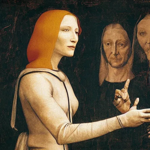 Image similar to painting of cate blanchett in the creation of adam by leonardo davinci