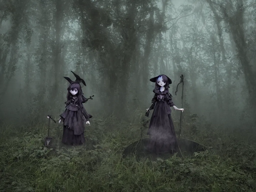 Image similar to cute gothic fumo plush witch girl ventures deep into the forbidden forest, ancient overgrown pagan monument summoning circle, volumetric fog and smoke, the bog of dark abyss, vray