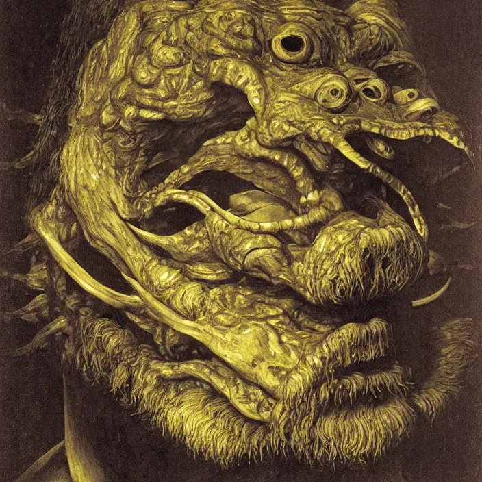 Prompt: close up portrait of a mutant monster creature with anglerfish facial features, bioluminescent nose by jan van eyck, audubon