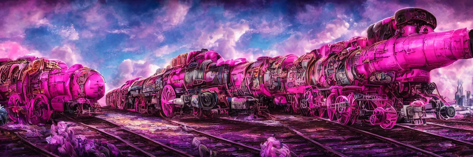 Image similar to space, pink pirate train, dog, run, pirate neon ship with punks on board, mohawks, neon, oil painting, rich deep colors masterpiece, ultra detailed, contrast, heaven pink, lots of roman arches, clouds, sky, volumetric light, atmospheric lighting, dramatic, cinematic, moody, octane render 4 k, 8 k