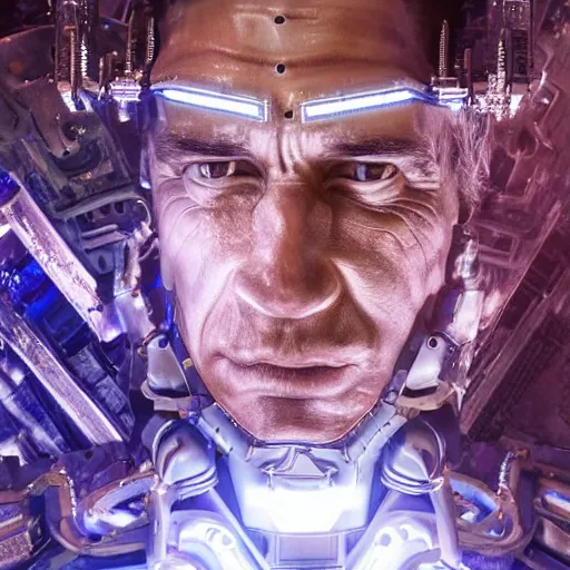 Image similar to beautiful Fine art photo portrait of enraptured Arnold Schwarzenegger as a solarpunk robotic god, white mechanical parts with led lights, photorealistic, white background, highly detailed and intricate, sunset lighting, HDR 8k