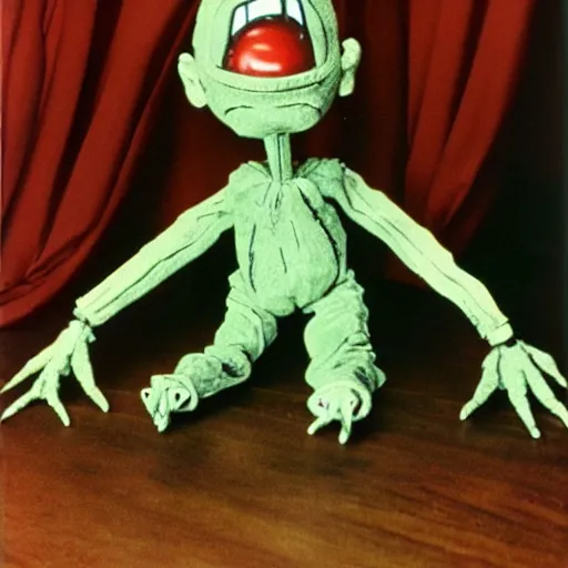 Prompt: creepy creature toy from a bad 90s commercial, vhs footage