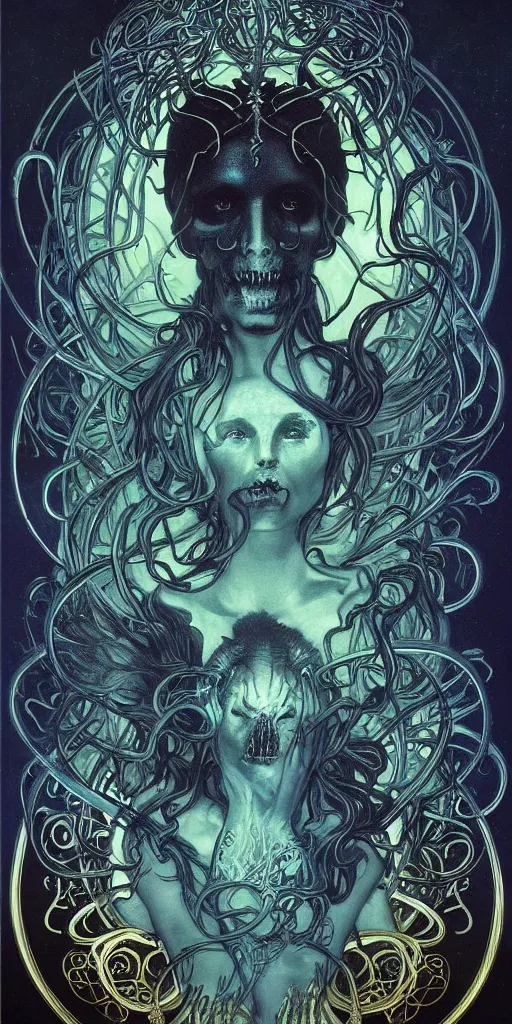 Image similar to intense glowing pagan black metal god with horns and tentacles and intense glowing eyes and a skull in very dark cosmic space by alphonse mucha and karol bak and artgerm and beksinski, portrait, fantasy, clear, light beams, lens flare, intense, uhd, amazing depth, cinematic lighting, gold and black and teal