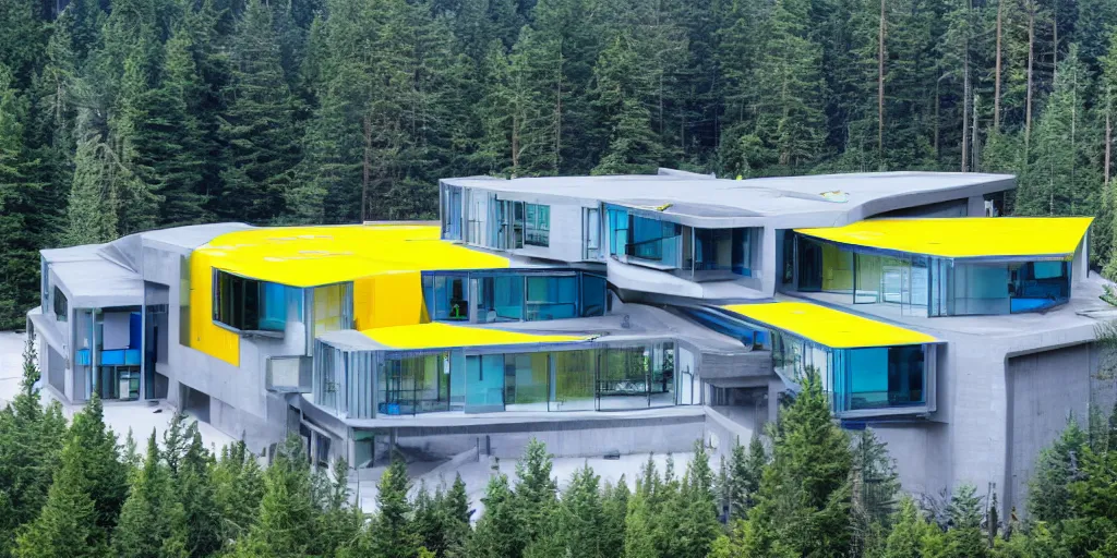 Image similar to large futuristic residence, yellow and blue metal, gray concrete, many large green windows, pacific northwest, triangular and rectangular elements