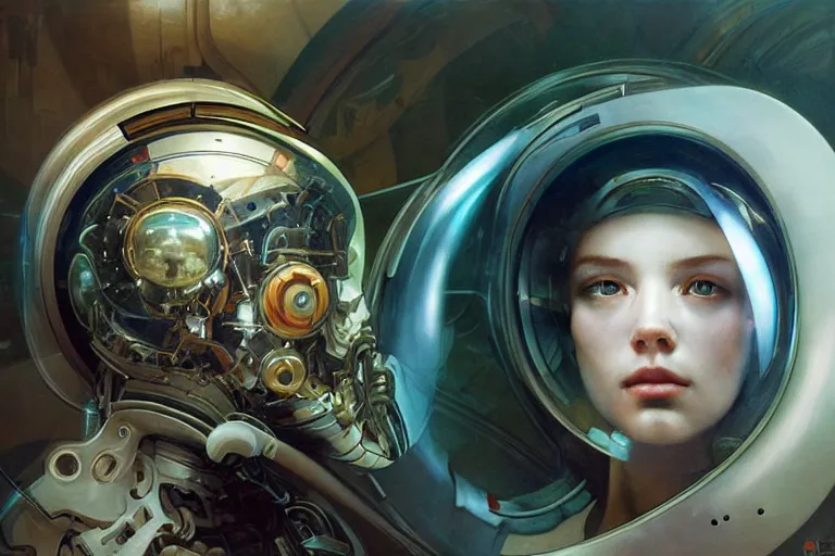 Image similar to portrait of a biomechanical head inside a futuristic space helmet, vintage transistors, white metal, iridescent visor, distant memories, art by Ruan Jia and artgerm and Alphonse Mucha,