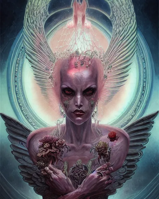 Image similar to perfectly centered portrait front view of a angry dead rotten beautiful female angel growing ornamentation all around, ornate, detailed, symmetrical, elegant, beautifully soft lit, by wayne barlowe, peter mohrbacher, kelly mckernan