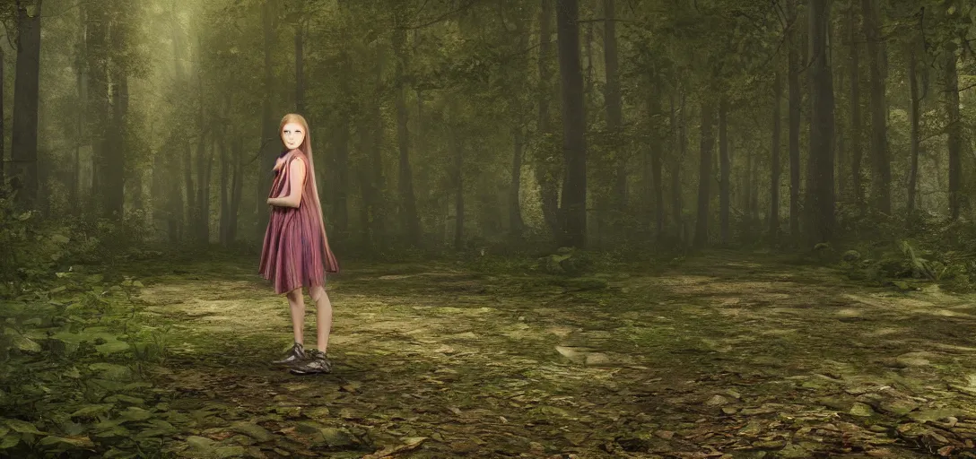 Image similar to A beautiful hyper realistic ultra detailed lifelike matte painting of a lost girl in the woods, unreal engine, deviantart, flickr, artstation, octane render, textured, colorful, extreme realistic detail, physically based rendering, pbr render, very detailed, volumetric lighting, detailed lighting, octane render, 4k, cinematic lighting, 8k resolution