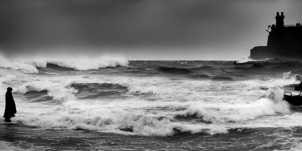 Image similar to super gloomy beach with impenetrable forest inland and violent waves off shore. The grim reaper standing next to men on pikes vlad the impaler in the front right, depressive atmosphere