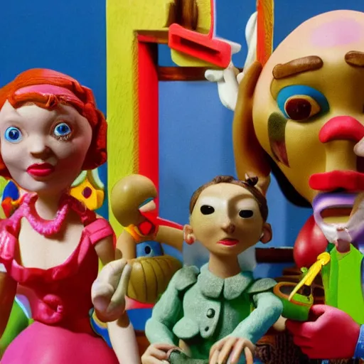 Image similar to a claymation film still of a toy / collection / ethnographic museum / claymation by jeff koons