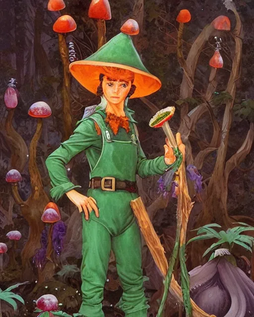 Image similar to moonshine cybin hirsute epic level dnd crick elf spore druid, wielding a magical sword, wearing magical overalls. covered in various fungi. full character concept art, realistic, high detail digital gouache painting by angus mcbride and michael whelan and jeffrey jones.