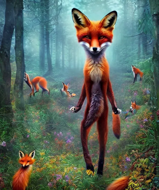 Image similar to a single realistic fox, walking through a psychedelic forest, wide angle landscape shot, pixar style by tristan eaton, artgerm and tom bagshaw