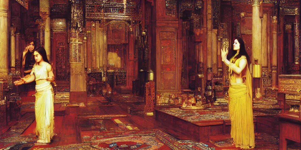 Prompt: the holy temples of incense, orientalist painting by john william waterhouse and Edwin Longsden Long and Theodore Ralli and Nasreddine Dinet, oil on canvas. Cinematic, hyper realism, dramatic lighting