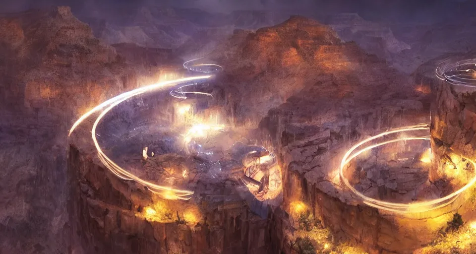 Image similar to night, a lot of people and a spiral - shaped white luminous attractor is floating in grand canyon, concept art, art for the game, professional lighting, art