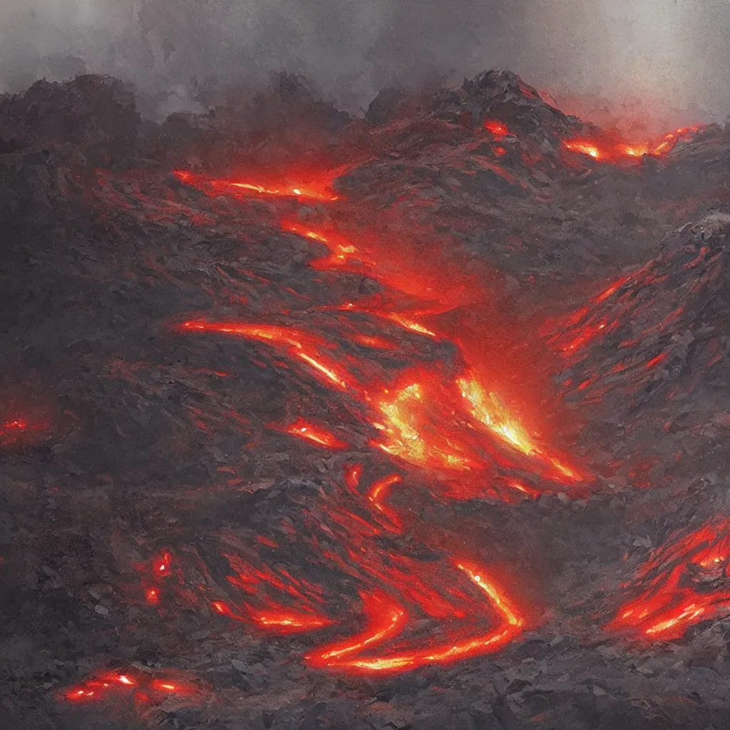 Image similar to overdetailed art, by greg rutkowski, lava on ground