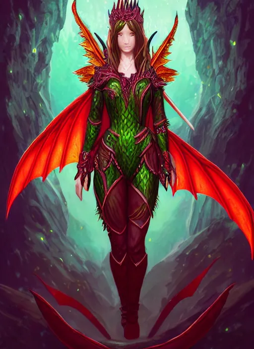 Prompt: full body portrait of hybrid between dragonkin and elf, female, in a volcano, symmetric wings, shiny green scales, plate red armor, red reptilian eyes, high fantasy, dnd, face details, extremely detailed, smooth, sharp focus, digital illustration, by artgem, rossdraws, sakimichan