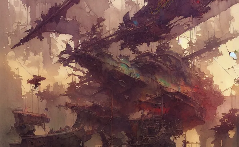 Prompt: airshps fleet, fantasy, steampunk. intricate, amazing composition, colorful watercolor, by ruan jia, by maxfield parrish, by marc simonetti, by hikari shimoda, by robert hubert, by zhang kechun, illustration, gloomy