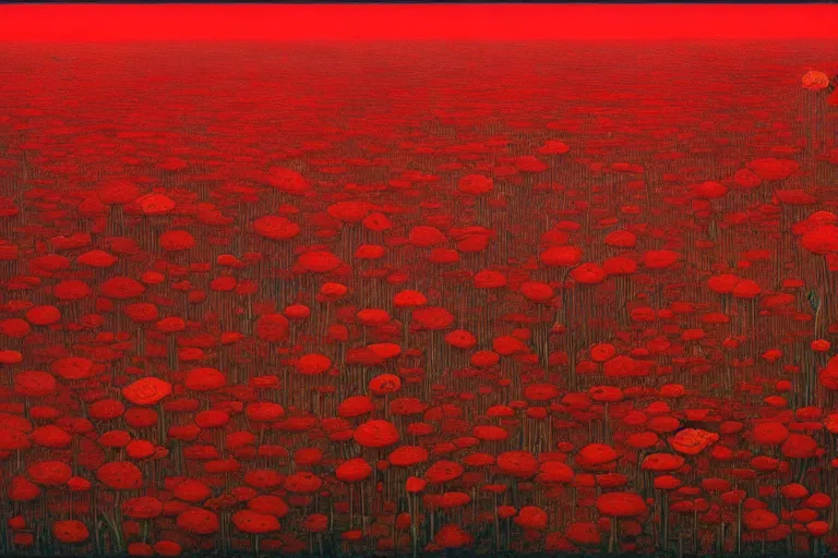 Image similar to only with red, a red expanse of flowers of different types, castle, goblins dance over the flowers in the style of beksinski, parts by edward hopper, parts by rodcenko, parts by yue minjun, intricate and epic composition, red by caravaggio, insanely quality, highly detailed, masterpiece, red light, artstation, 4 k