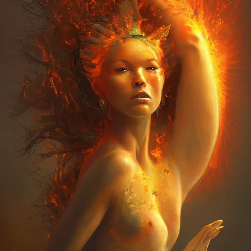Image similar to A stunning portrait of a goddess, her body engulfed in flames, by Jim Burns, 8K UHD, intricate, fantasy, Trending on artstation.