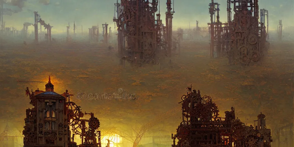 Image similar to giant interlocked gears clockwork, giant mechanisms, industry, villages castles, buildings vista artstation illustration sharp focus sunlit vista painted by ruan jia raymond swanland lawrence alma tadema zdzislaw beksinski norman rockwell tom lovell alex malveda greg staples